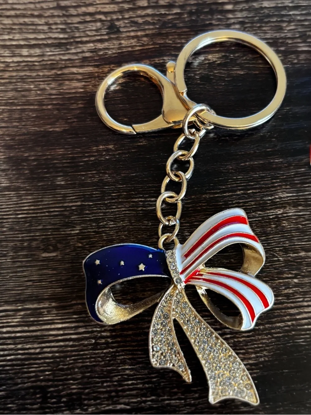 Patriotic Bow Keychain with Red, White & Blue Enamel in Gold‎ Tone